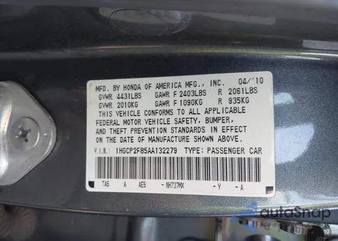 2010 Honda Accord 2.4 Ex-L z USA, uszkodzony, nr VIN 1HGCP2F85AA132279